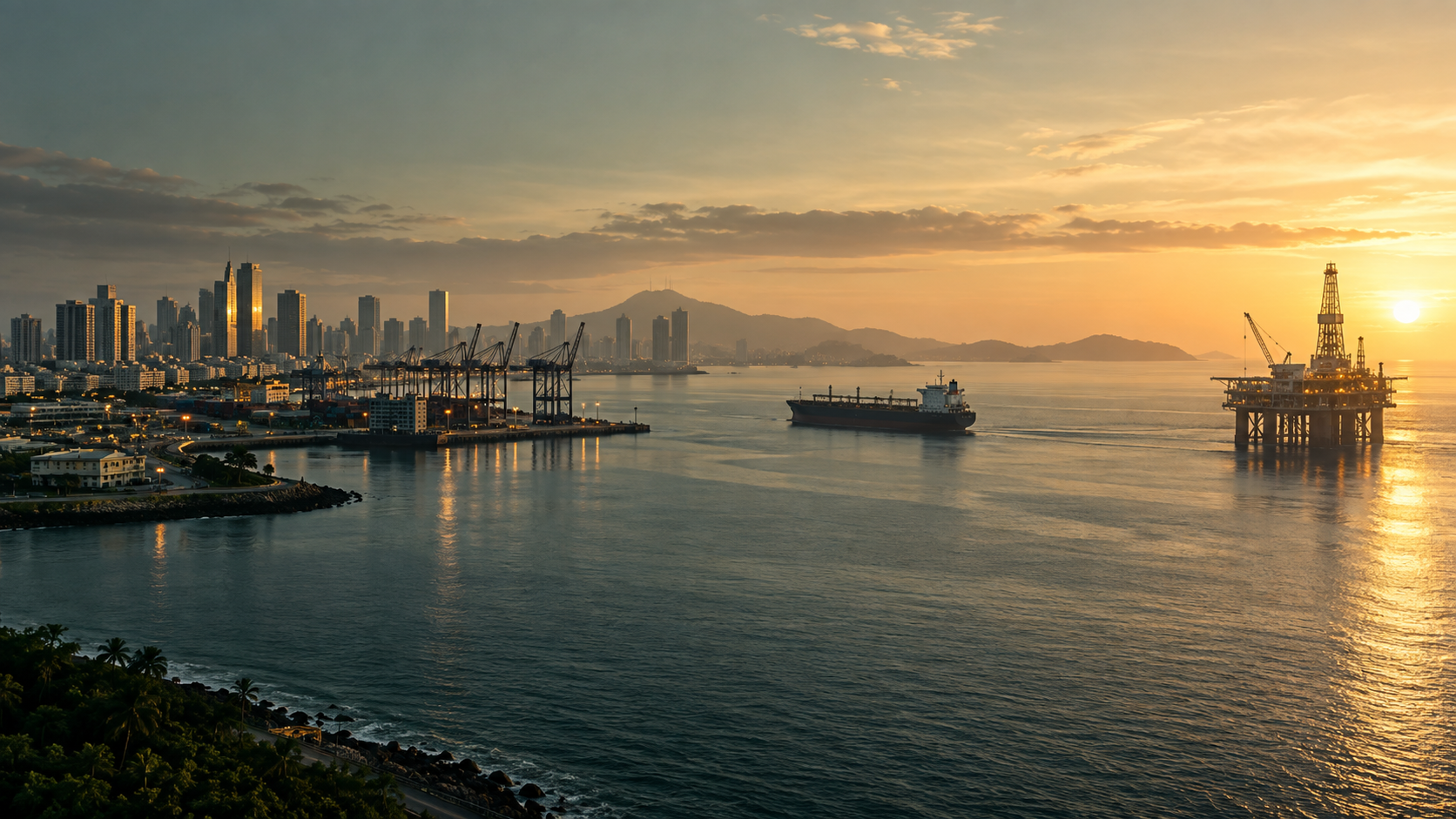 Energy platform, cargo vessel and port city at sunrise